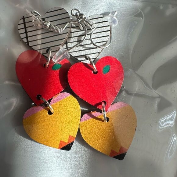 NWT Dangle Earrings Wood 3 Tier Hearts Teacher Education Pencil Paper Educator - Picture 2 of 3
